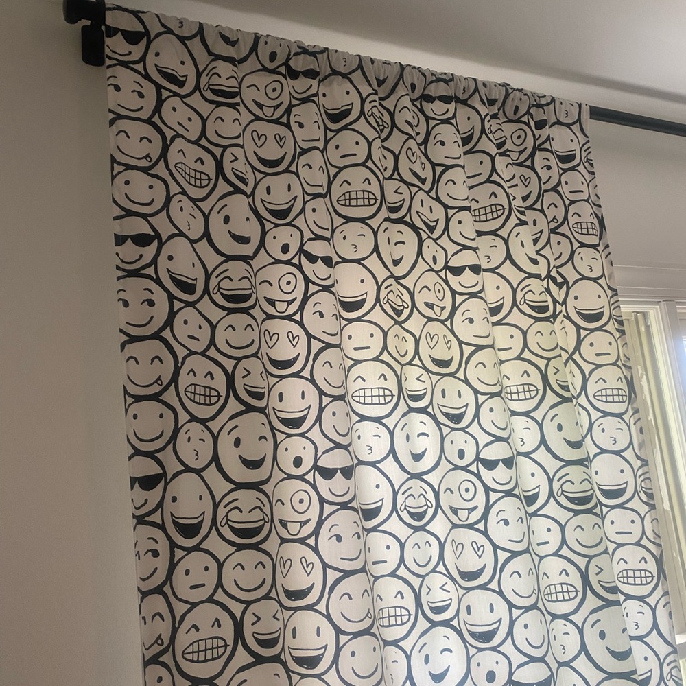 Land of Nod Smiley Face emoji Lined Curtain Panels (2) Black and White Adorable!
